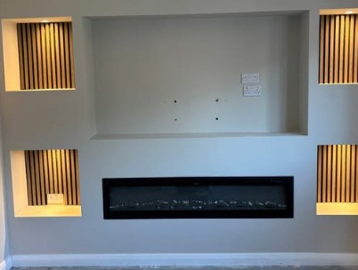 Media wall with electric fire and recessed lighting